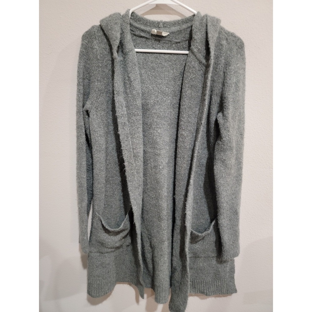 Loft Lounge Sz M Hooded Open Front‎ Cardigan Sweater Grey Long Sleeve Pockets